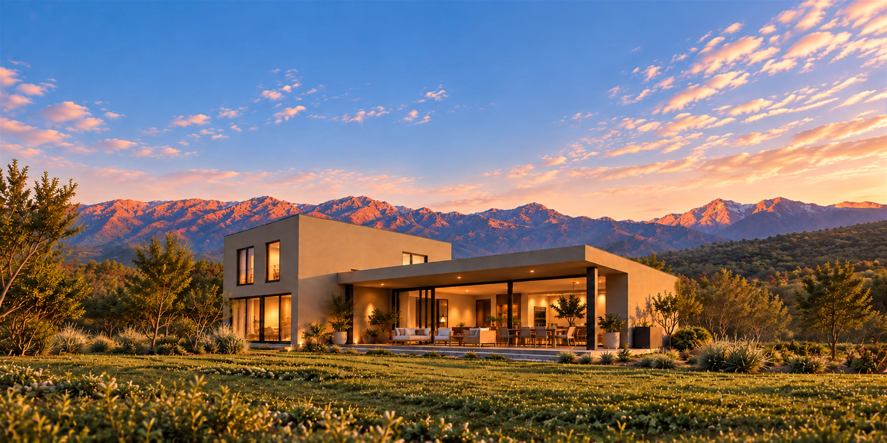 Casa moderna de dos pisos con amplia terraza entre pasto y arbustos, con la cordillera iluminada al atardecer, en Santa Luisa de Palpi